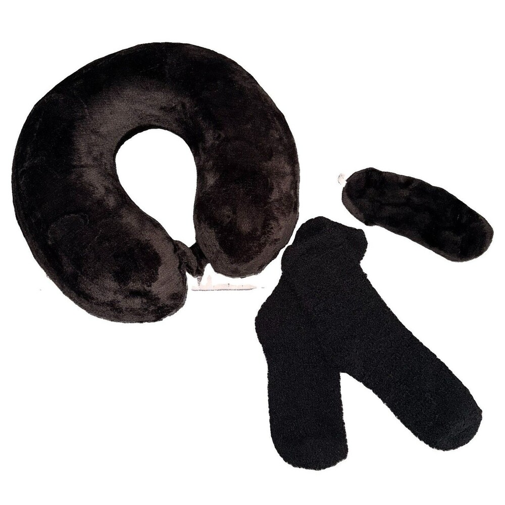 Newport 3-Piece Travel Set Memory Foam Neck Pillow, Eye Mask & Cozy Socks Black